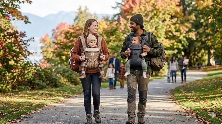 A side-by-side comparison of Ergobaby and BabyBjorn carriers being used by parents on a walk in a scenic Canadian park.