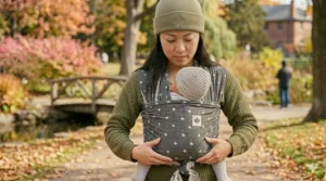 A close-up of a baby's legs in the ergonomic M-position, essential for healthy hip development in Canada.