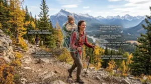 Diagram showing the ergonomic support of a baby carrier for hiking, ensuring comfort on long Canadian trail treks.