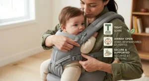 A diagram illustrating the healthy "M" hip position for infants aged 6-12 months in a structured carrier.