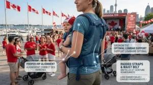 Diagram of an ergonomic summer baby carrier showing proper hip positioning and padded shoulder straps for long summer walks.