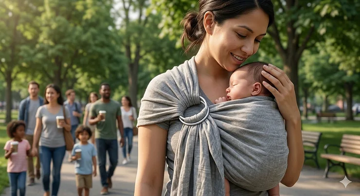 A mother wearing the best ring sling in a breathable linen fabric while walking through a scenic Vancouver park, highlighting active Canadian lifestyle.