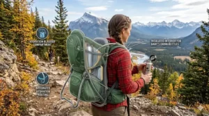 Illustration of a hydration bladder compartment in a baby carrier for hiking, perfect for summer hikes in Ontario or BC.