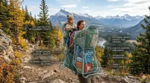 Close-up illustration of storage pockets in a hiking carrier packed with snacks and extra layers for cold climates.