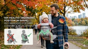 Illustration showing the healthy M-shape leg position for infants in a hip seat baby carrier to prevent hip dysplasia.