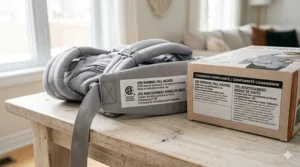 Close-up illustration of hip seat baby carrier safety labels in English and French, compliant with Canadian standards.