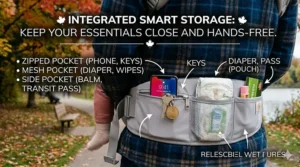 Illustration of the integrated storage pockets on a hip seat baby carrier, ideal for holding a phone, keys, and diapers.