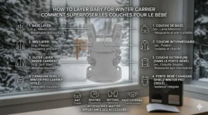 Infographic demonstrating how to layer baby clothes inside a winter baby carrier for optimal warmth.