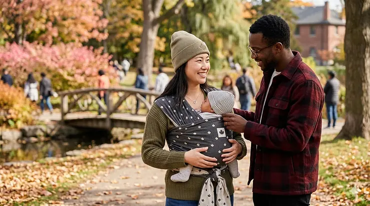 A Canadian mother wearing a maple-leaf patterned baby wrap in a park, demonstrating how to tie a baby wrap for a secure, ergonomic fit.