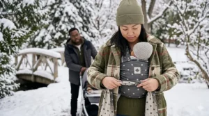 A Canadian parent wearing a baby wrap under a wide winter coat, showing how to tie a baby wrap for cold weather.