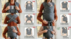 Step-by-step graphic showing how to safely tie a cheap baby wrap, optimized for new Canadian parents.