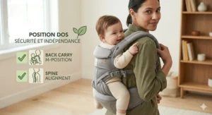 Illustration comparing inward and outward-facing positions suitable for the 6-12 month developmental stage.