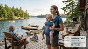Illustration of a lightweight baby carrier perfect for summer vacations in Muskoka or the Laurentians.