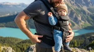 A minimalist, lightweight baby carrier for dad being used by a father at a Canadian airport terminal.