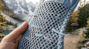 Close-up illustration of the breathable 3D mesh fabric on the Lillebaby Airflow carrier for humid summer days.