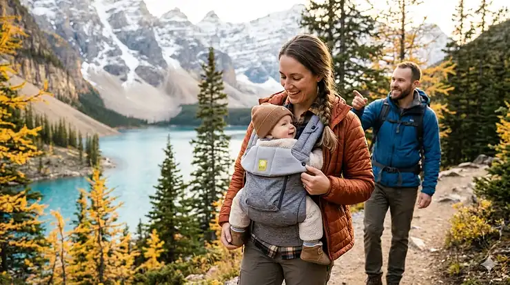 A parent using a Lillebaby baby carrier while hiking in the Canadian Rockies during autumn.