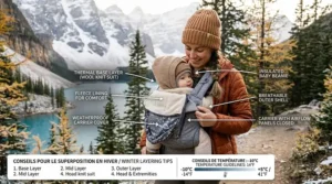 Illustration of how to safely layer a baby in a Lillebaby carrier for cold Canadian winters.