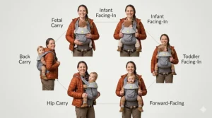Diagram showing the six carrying positions of the Lillebaby baby carrier for Canadian infants and toddlers.