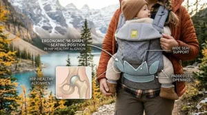 Illustration demonstrating the hip-healthy "M" seating position in a Lillebaby baby carrier.