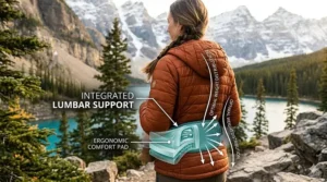 Technical illustration of the ergonomic lumbar support feature on a Lillebaby baby carrier.