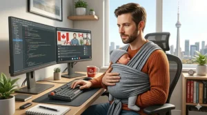 A Canadian dad working from a home office in Toronto while wearing his infant in a low-cost navy blue baby wrap.