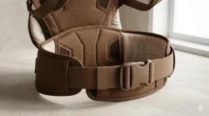 Illustration showing the lumbar support belt of a baby carrier designed to alleviate lower back pain for parents.