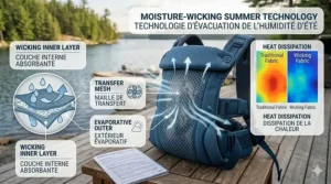 Technical illustration of moisture-wicking materials used in a summer baby carrier to prevent overheating.
