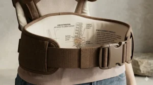 Close-up illustration of thick, padded shoulder straps on a baby carrier to prevent upper back and neck pain.