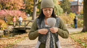 Carefully sliding the baby into the cross straps of the wrap in a "frog-leg" or "M" position.