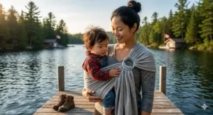 A mother breastfeeding her baby in a best ring sling inside a cozy Canadian log cabin with bilingual Nursing is Natural / L’allaitement est naturel signage.