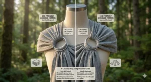 A 4K comparison of pleated vs. gathered shoulder styles for the best ring sling featuring bilingual English and French instructional text.