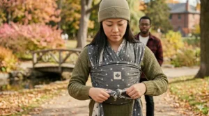 Tying a secure double knot at the hip or back to finish the baby wrap carry.