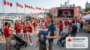 Cheerful illustration of a family using a summer baby carrier at a crowded outdoor festival in Toronto or Montreal.
