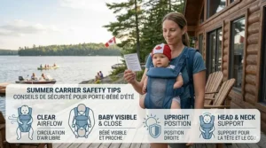 Graphic showing summer baby carrier safety tips in English and French (Porte-bébé d'été) for Canadian parents.