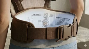 Illustration of a father walking a dog in a Canadian neighborhood using an adjustable baby carrier for back pain.