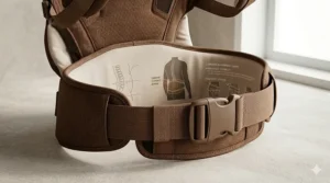 A parent in a winter parka using a supportive baby carrier for back pain on a snowy Canadian sidewalk.