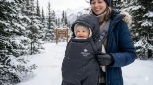 An insulated winter baby carrier cover designed to protect infants from freezing Canadian temperatures.