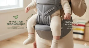 Illustration showing how to safely layer a 6-12 month old in a baby carrier for cold Canadian winters.