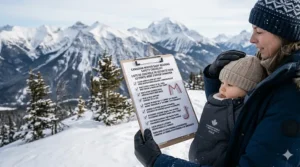 A checklist for winter baby carrier safety, focusing on clear airways and preventing overheating.