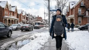 Illustration of a parent using a baby carrier on a snowy Toronto sidewalk as an alternative to a stroller.