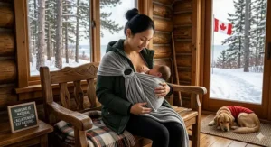 Winter babywearing in Canada showing the best ring sling worn over a parka at Rouge National Urban Park during a snowy walk.