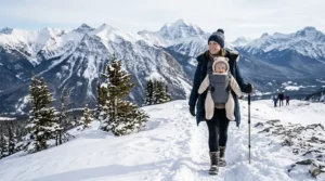 A family hiking in the Canadian Rockies using a rugged winter baby carrier for outdoor adventures.