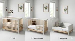 Illustration showing the three stages of a convertible crib transition from infant sleep space to toddler bed for Canadian families.