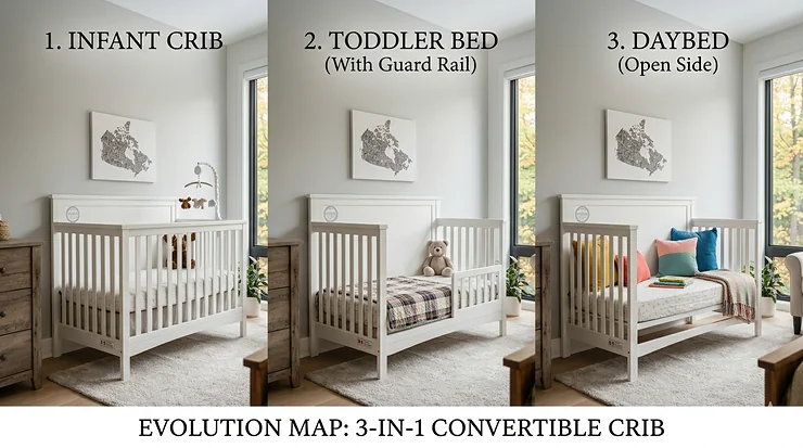 A comparison of a 3-in-1 vs 4-in-1 convertible crib showing the transition from nursery furniture to a full-size bed for Canadian families.