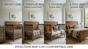 A 4-in-1 convertible crib fully transitioned into a double bed suitable for a growing Canadian child's bedroom.