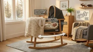 A technical illustration highlighting the gentle side-to-side motion of a smart rocking bassinet.