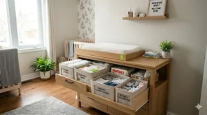 Illustration of storage bins for a changing table featuring bilingual English and French labels like Diapers/Couches.