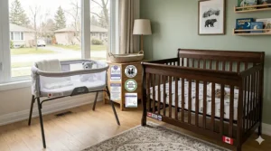 An illustration showing safety certification seals for bassinets and cribs that meet Health Canada’s rigorous nursery furniture regulations.