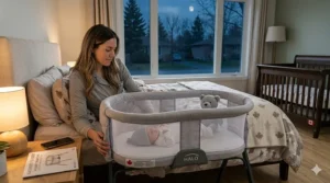 A bedside bassinet positioned next to an adult bed to facilitate easy nighttime feedings for newborns in a safe sleep environment.