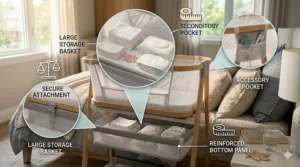 A photorealistic illustration demonstrating the bilingual English and French warning labels and instruction stickers on the best bedside bassinet, featuring crisp, readable text and call-outs to show compliance for Canadian safety standards in a sunlit bedroom.